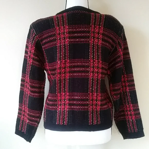 Just for Petites Plaid Chain Link Cardigan Sweater PM Black Red - Picture 8 of 16